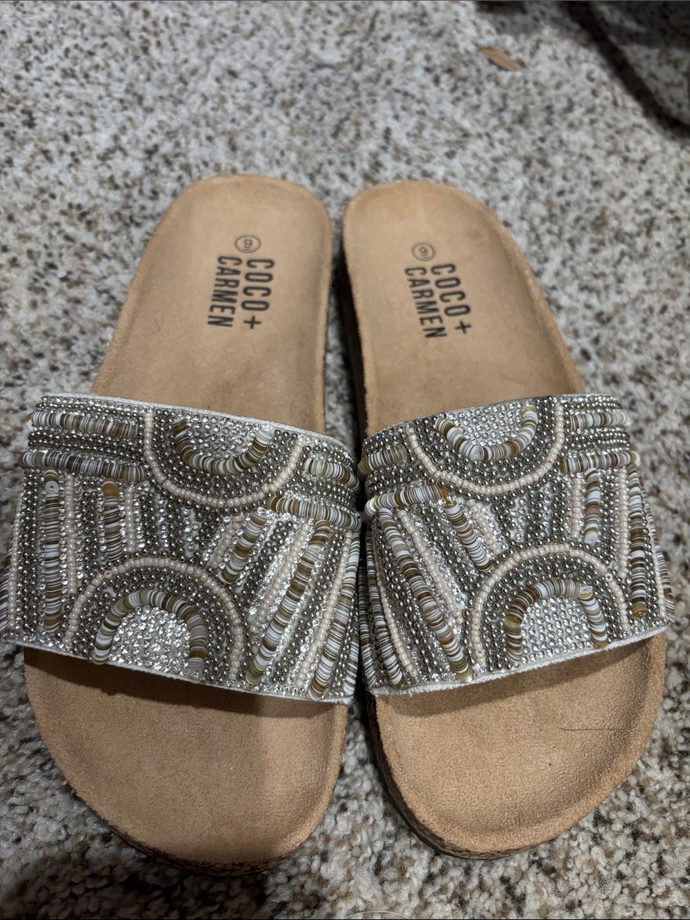 Coco + Carmen Beaded Slide Sandals in Beige and Silver